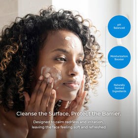 Ceramedx being applied to wet face to gently remove impurities and makeup