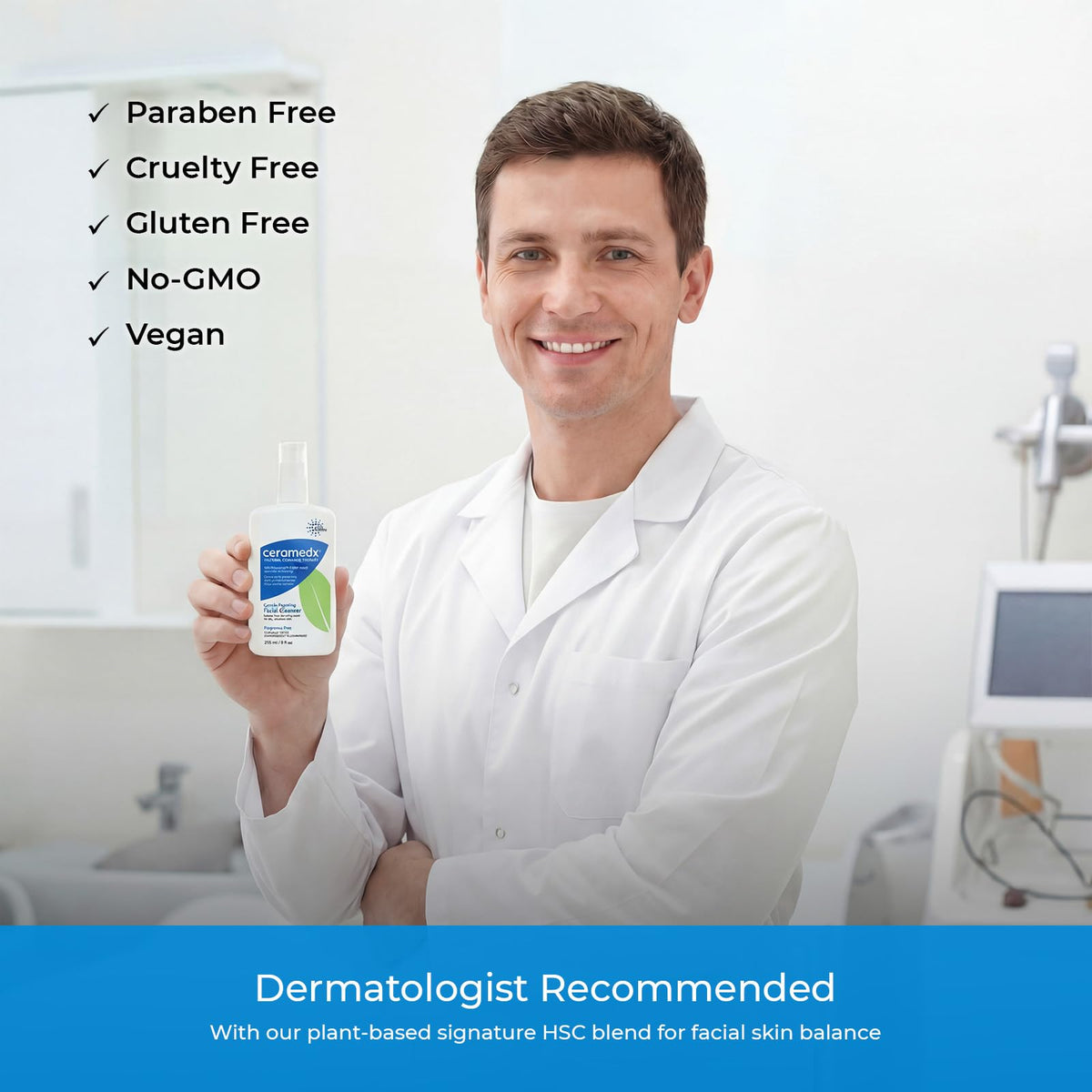 Ceramedx placed on bathroom shelf in routine setting promoting gentle cleansing