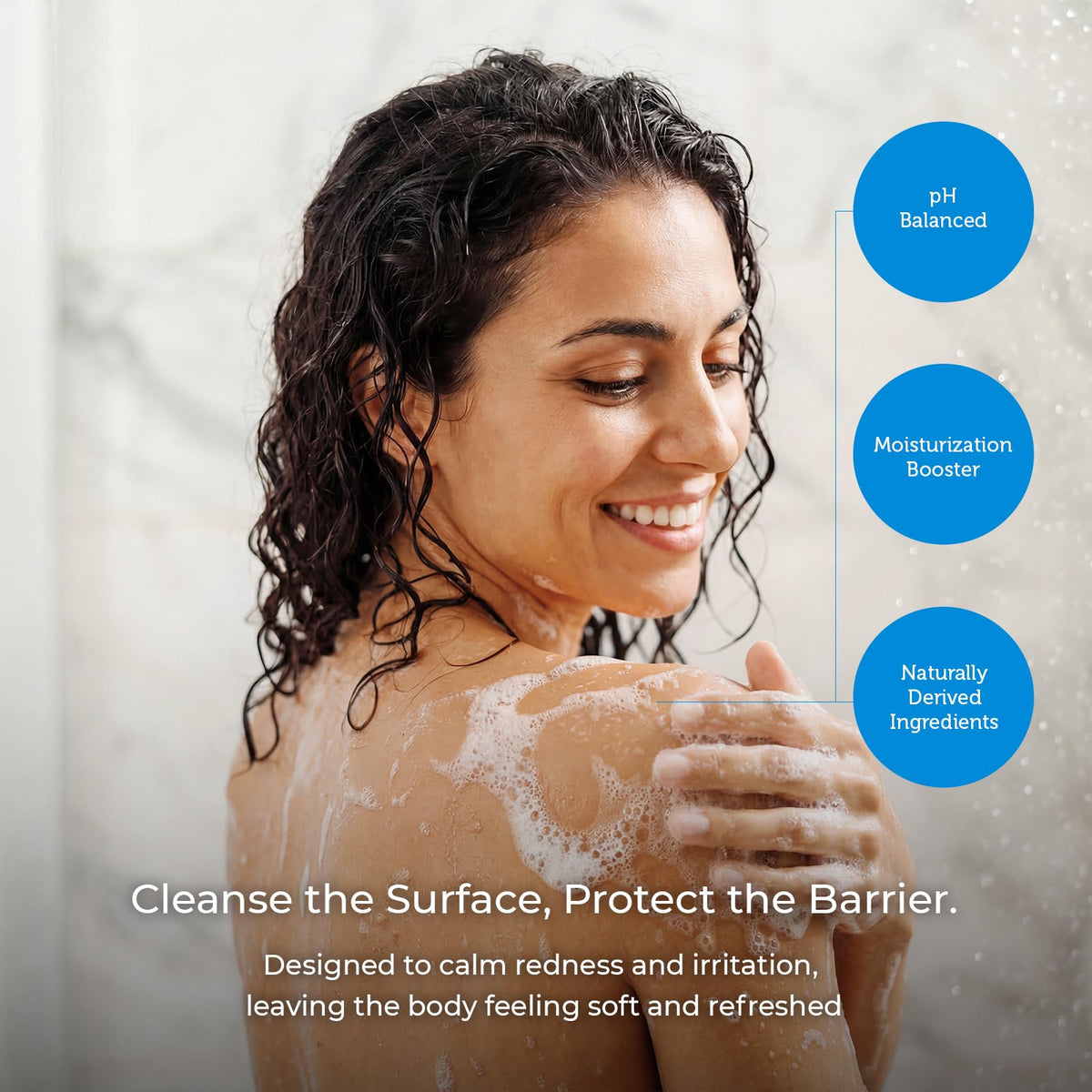 Ceramedx bottle staged in bathroom conveying calm, irritation-free routine