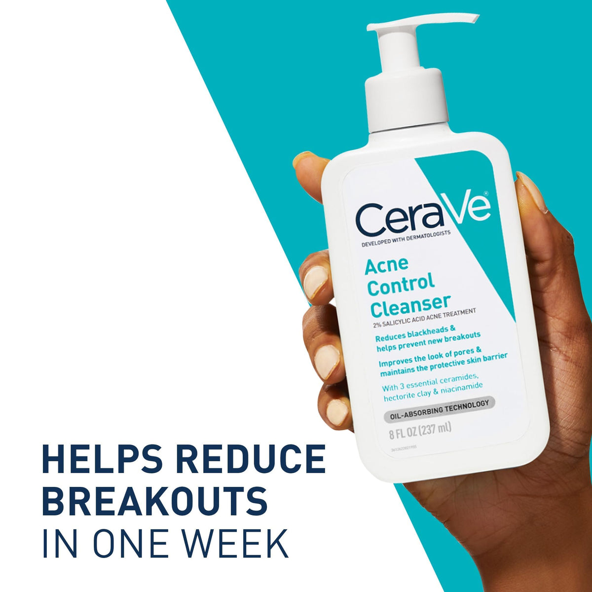 CeraVe acne face wash held in hand to show 8 oz size and easy dispense