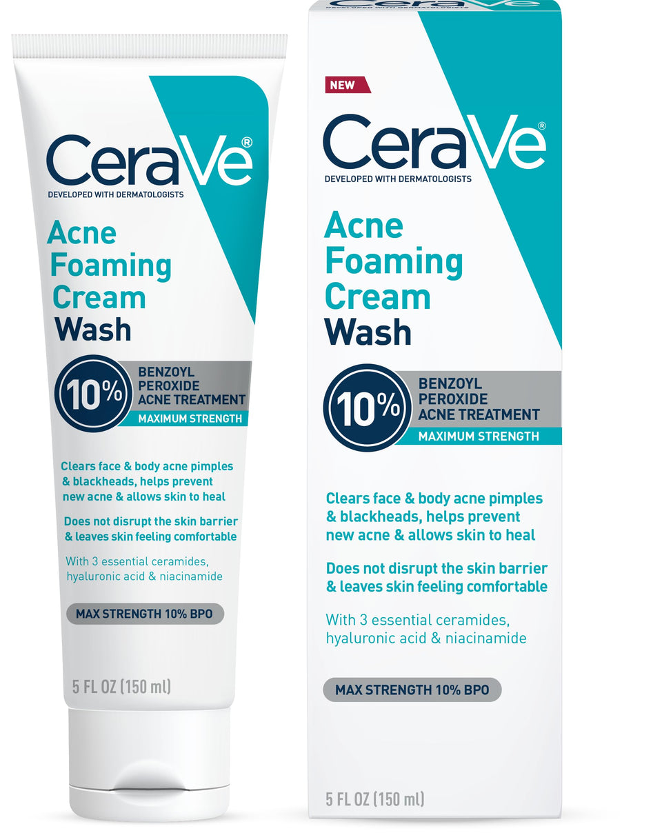 CeraVe front packaging showing 10% benzoyl peroxide and benefits