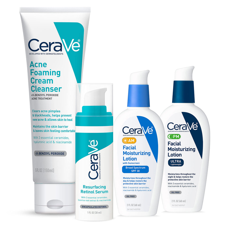 CeraVe acne set front packaging showing all four products and benefits