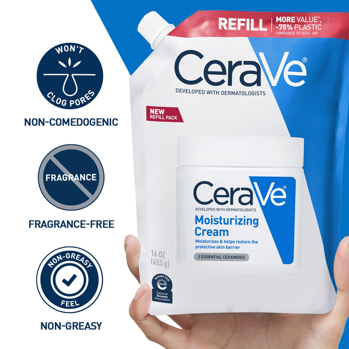 CeraVe cream applied to hand demonstrating moisturizing action and quick skin comfort