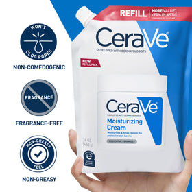 CeraVe cream applied to hand demonstrating moisturizing action and quick skin comfort