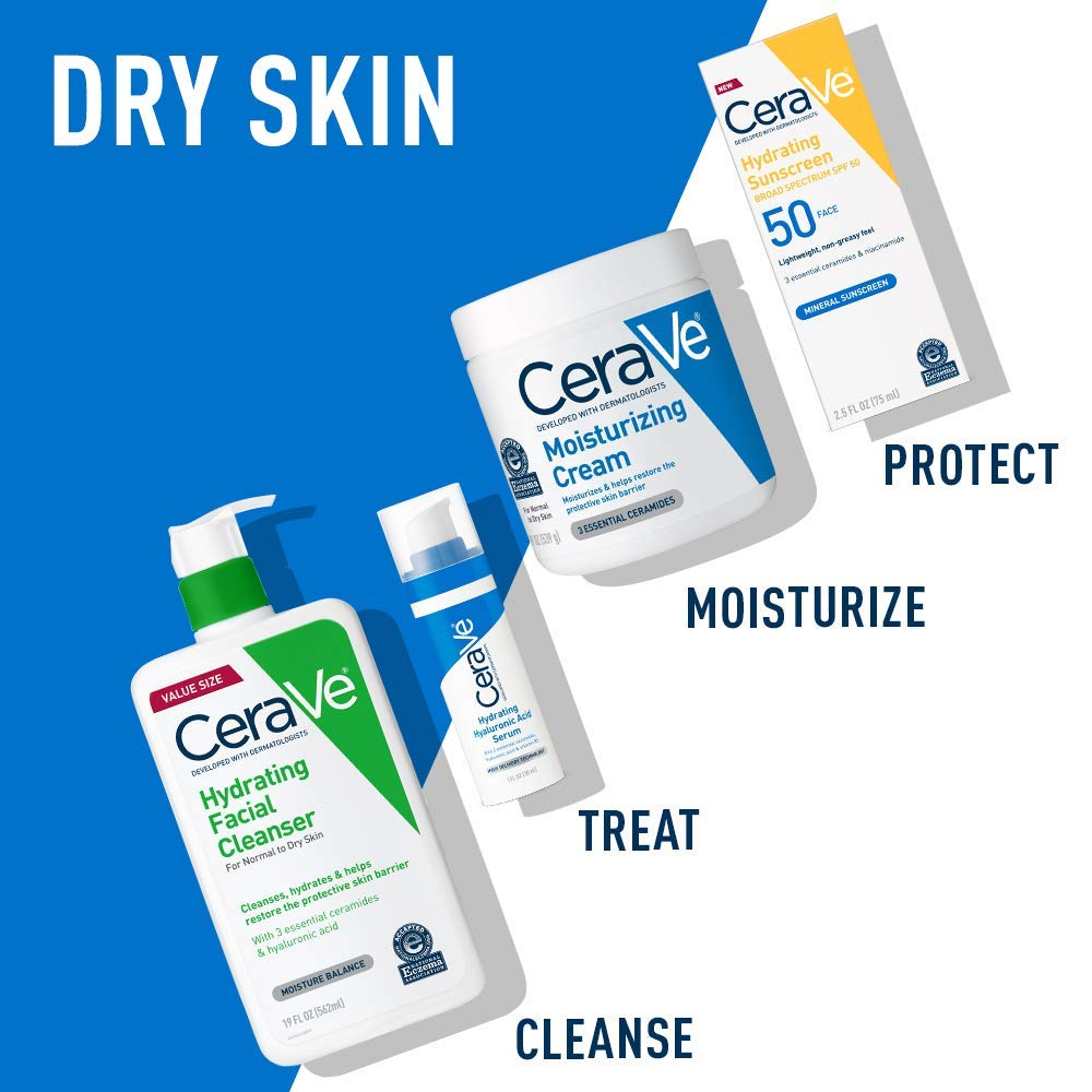 CeraVe cream and travel cleanser staged in bathroom showing daily routine convenience
