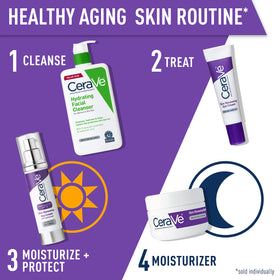 Model gently patting CeraVe under eye to demonstrate application and layering under makeup