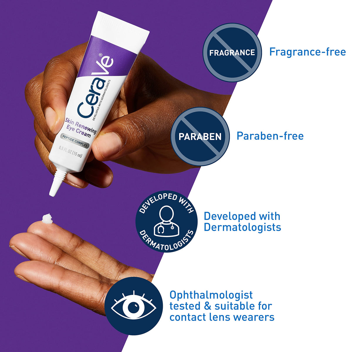 Close-up of key ingredients with CeraVe label highlighting peptides and ceramides benefits