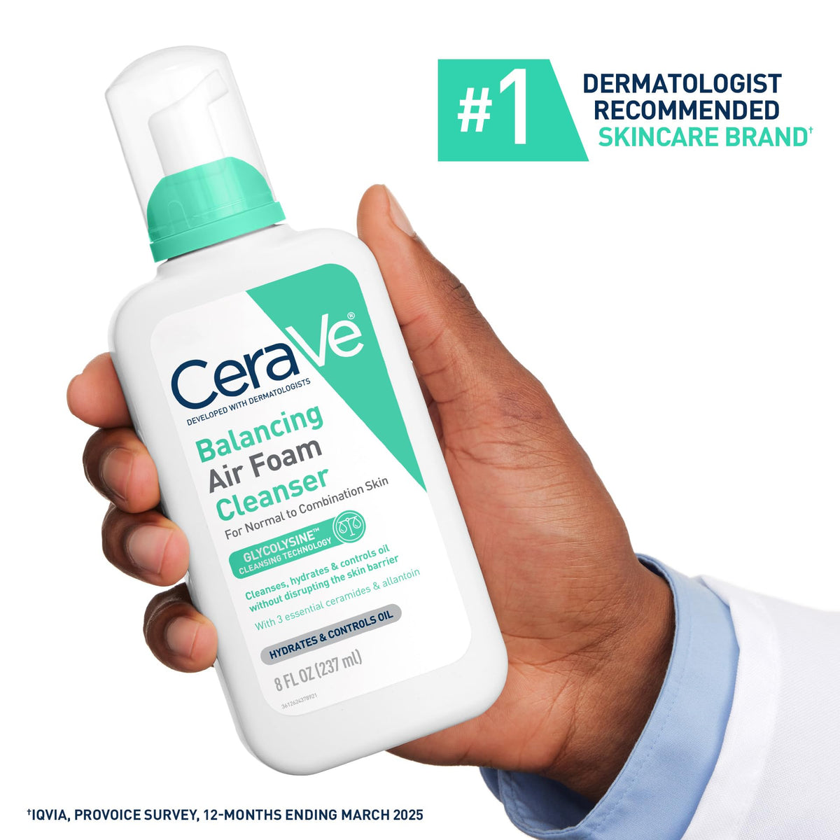 CeraVe foam on hands in use showing gentle removal of oil and dirt