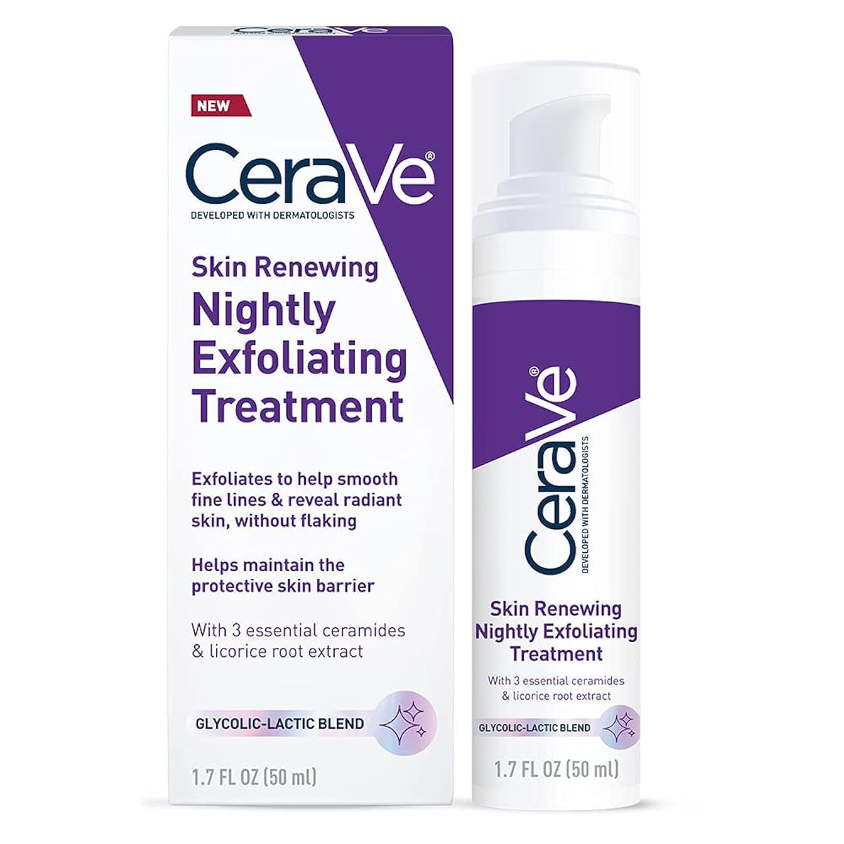 CeraVe front packaging shows nightly exfoliating treatment, clear directions and trusted brand