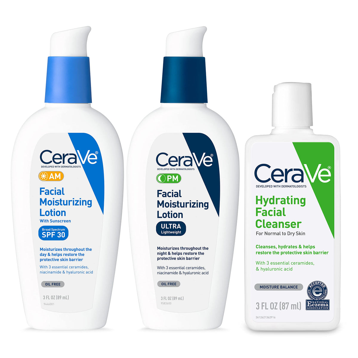 CeraVe front packaging trio showing three travel bottles and benefits