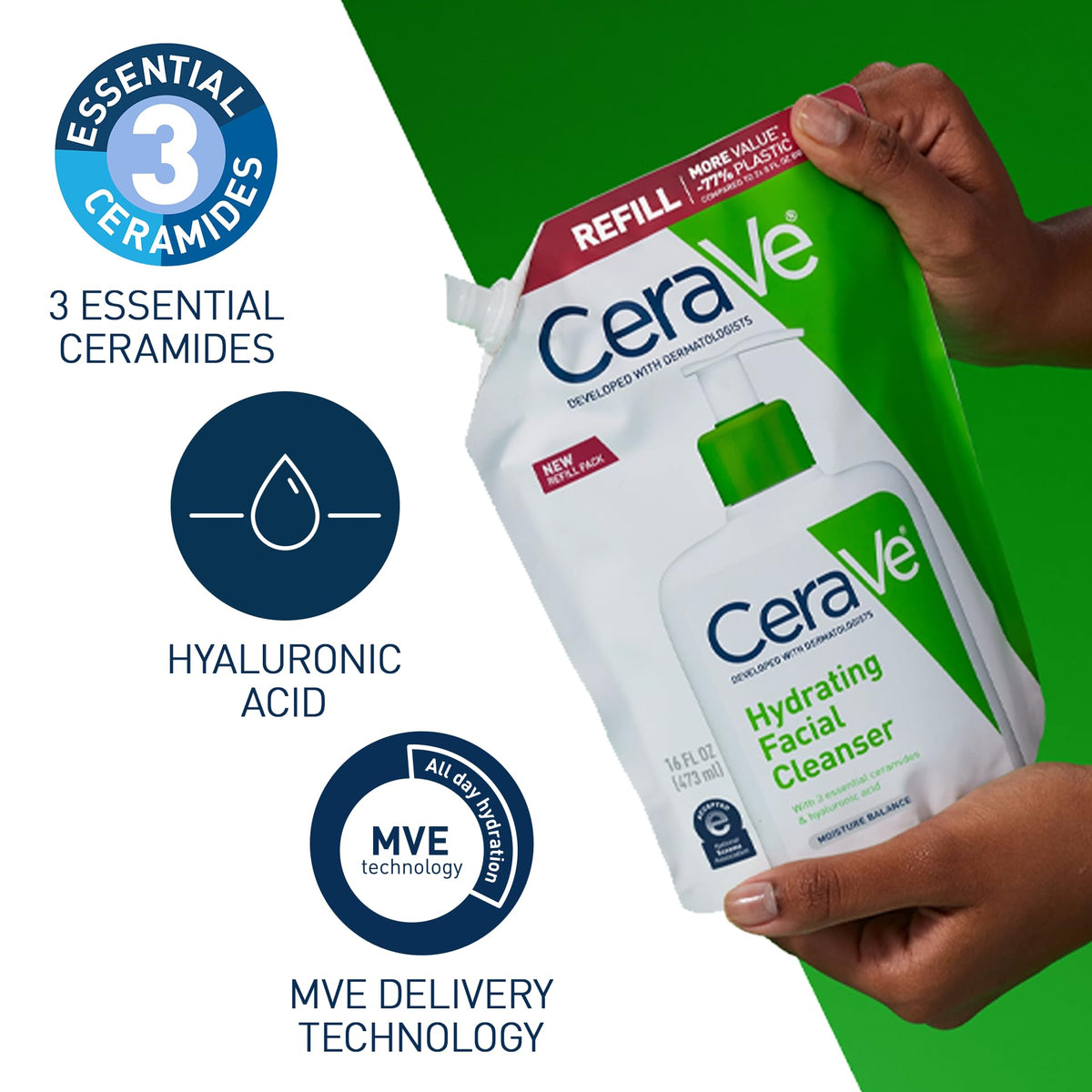 CeraVe applied to face by hand showcasing gentle cleansing and hydrated finish