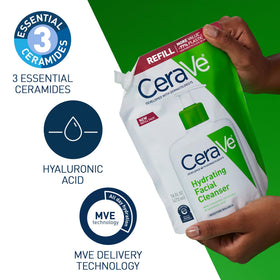 CeraVe applied to face by hand showcasing gentle cleansing and hydrated finish