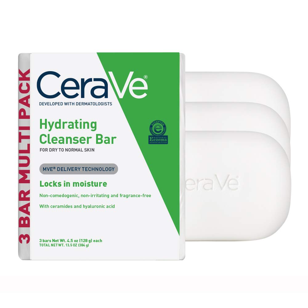 CeraVe hydrating cleanser bar front packaging showing three bars and benefits