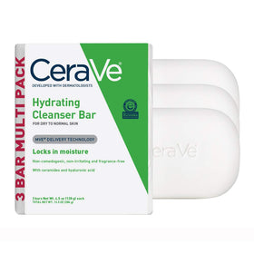 CeraVe hydrating cleanser bar front packaging showing three bars and benefits