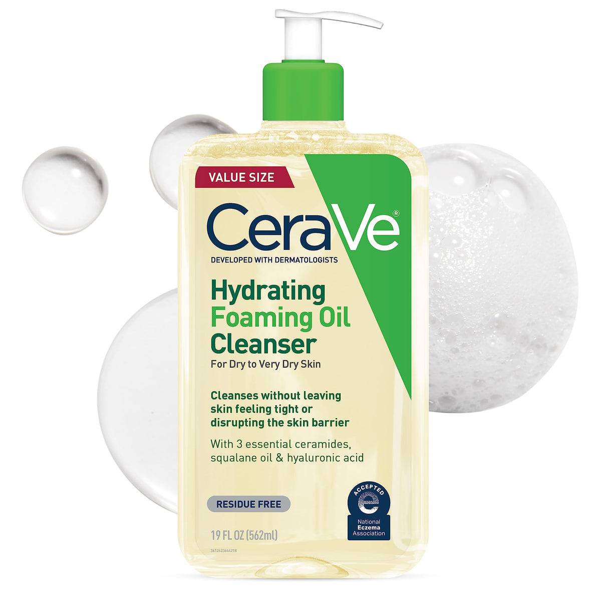 CeraVe front packaging showing 19 fl oz bottle and label benefits