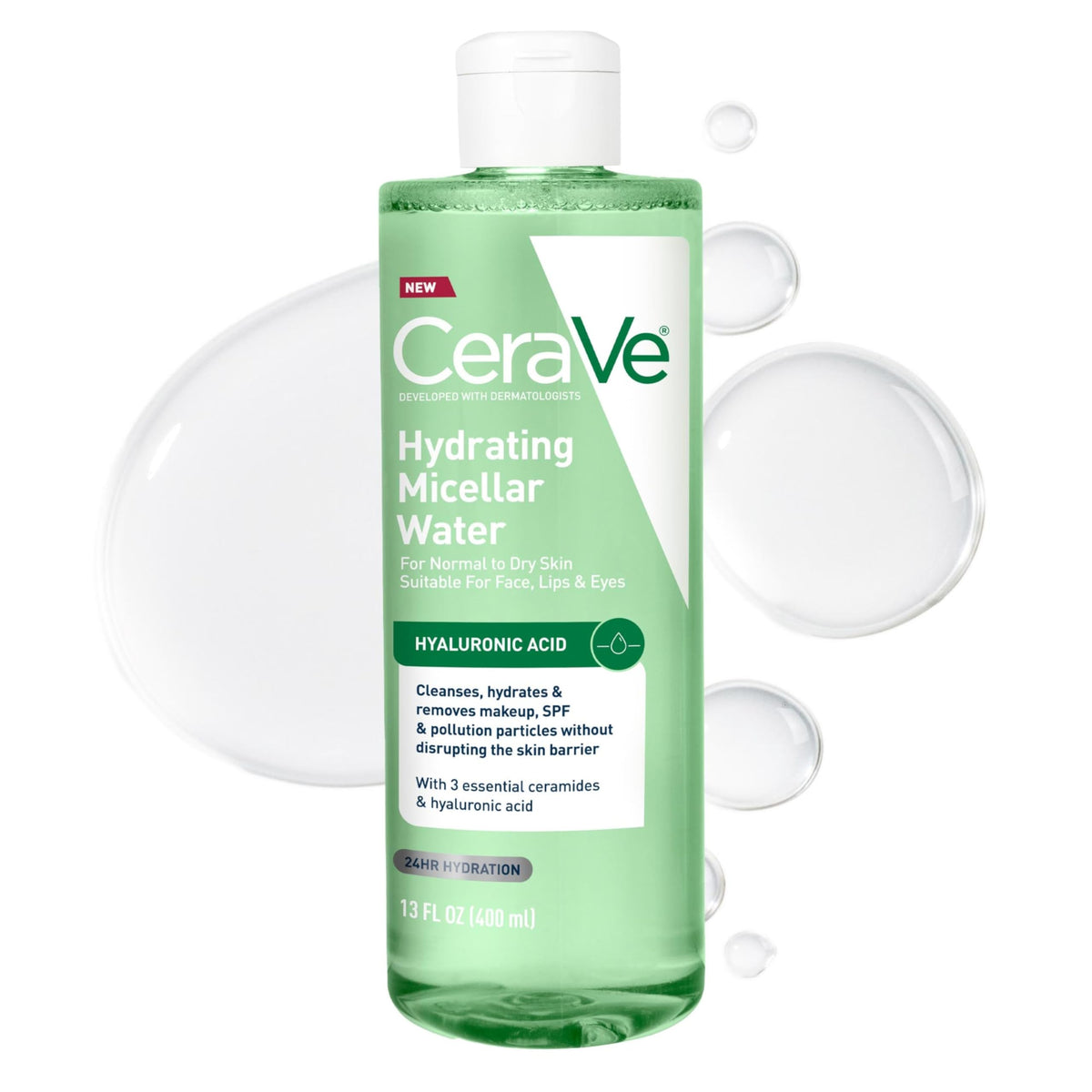 CeraVe bottle front packaging showing hydrating micellar water and benefits