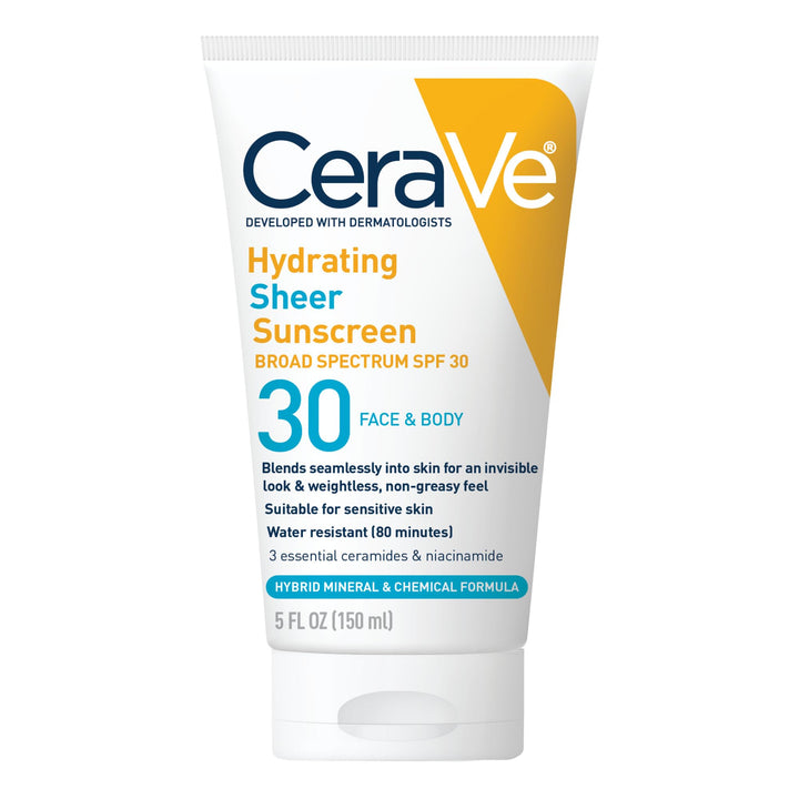 CeraVe front packaging of Hydrating Sheer Sunscreen SPF 30 showing bottle and clear label benefit