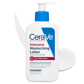 CeraVe front packaging of intensive moisturizing lotion shows clean label and pump for easy use
