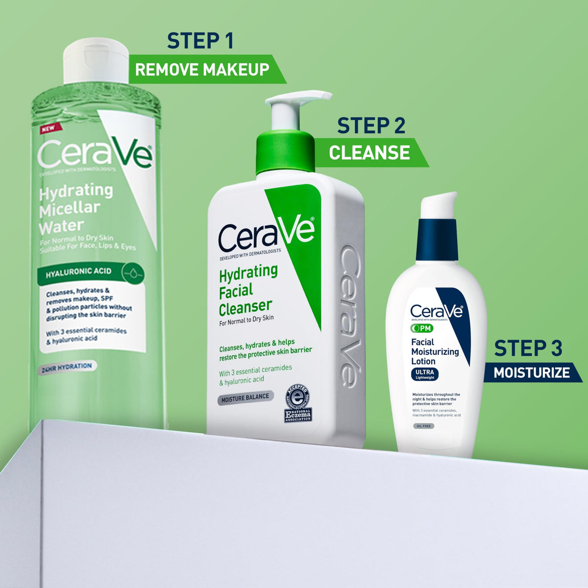 CeraVe micellar water on a bathroom shelf signaling everyday skincare use
