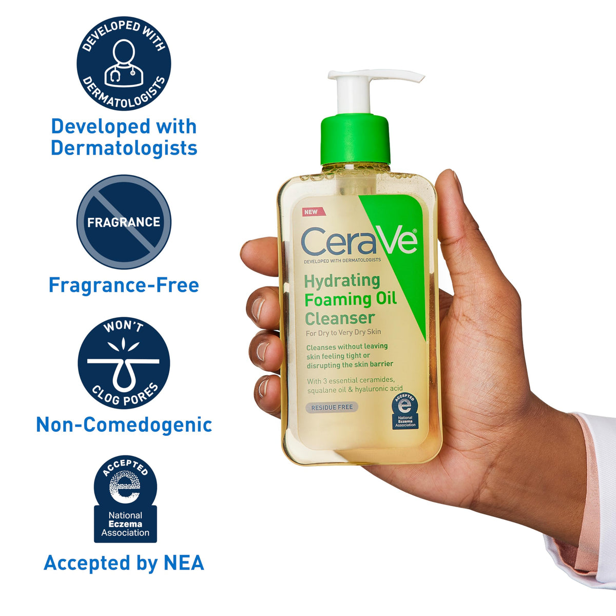 CeraVe oil-to-foam texture close-up showing silky, non-greasy foam