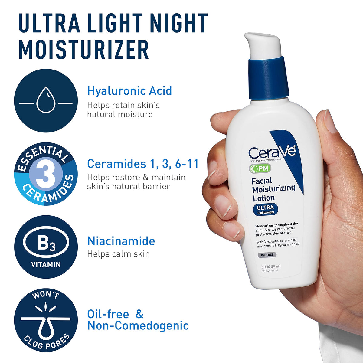 CeraVe PM lotion open cap showing lightweight night hydration