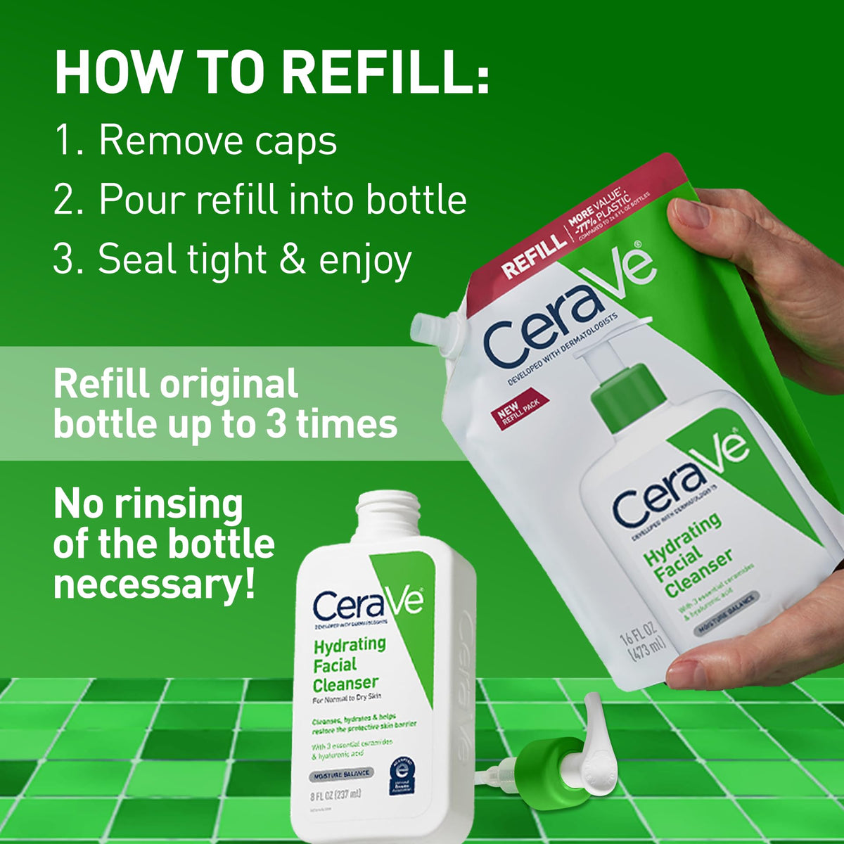 CeraVe pump bottle beside refill demonstrating economical refill option and convenience