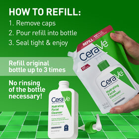 CeraVe pump bottle beside refill demonstrating economical refill option and convenience
