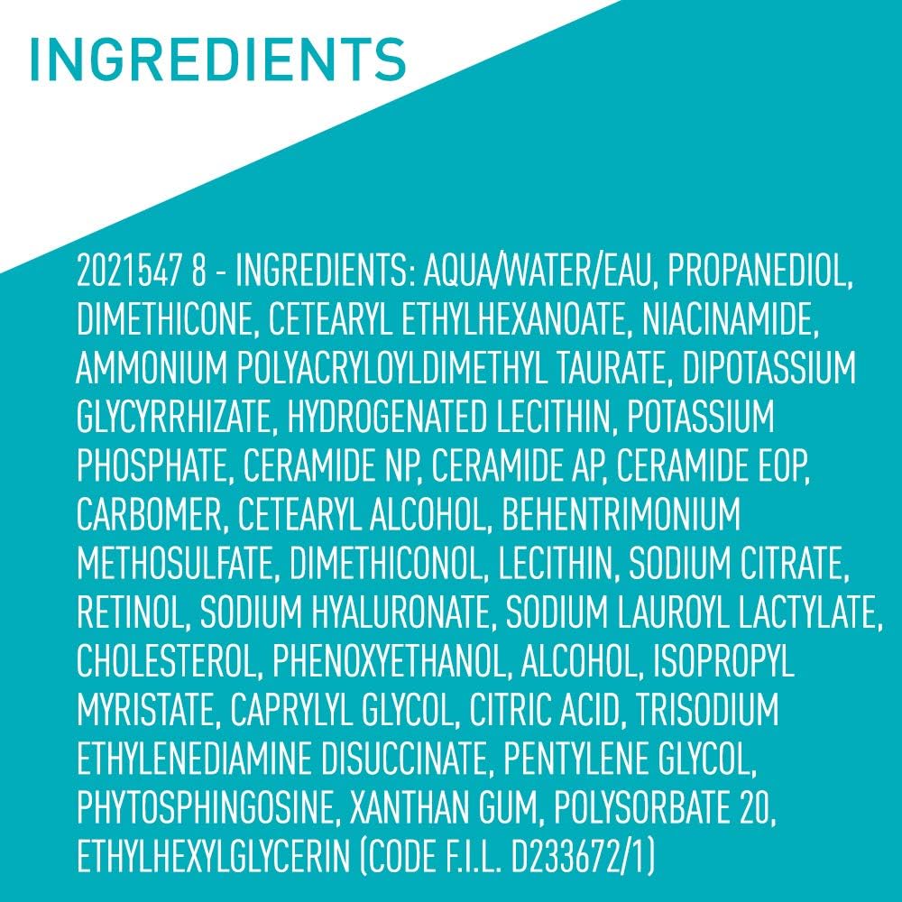 CeraVe ingredient label highlighting ceramides and retinol benefit