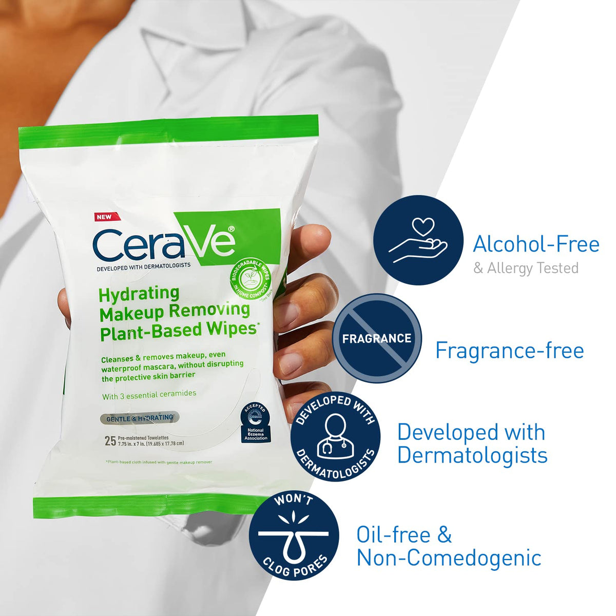 CeraVe wipe beside a hand for scale showing convenient single-sheet size