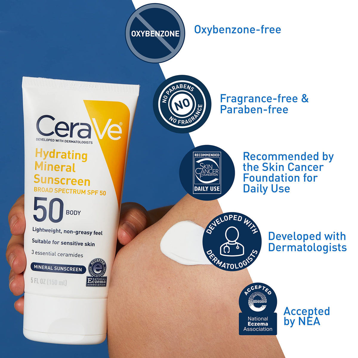 CeraVe sunscreen rubbed into forearm showing even non-greasy finish
