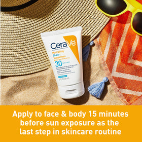 CeraVe bottle near pool illustrating 80-minute water resistance benefit