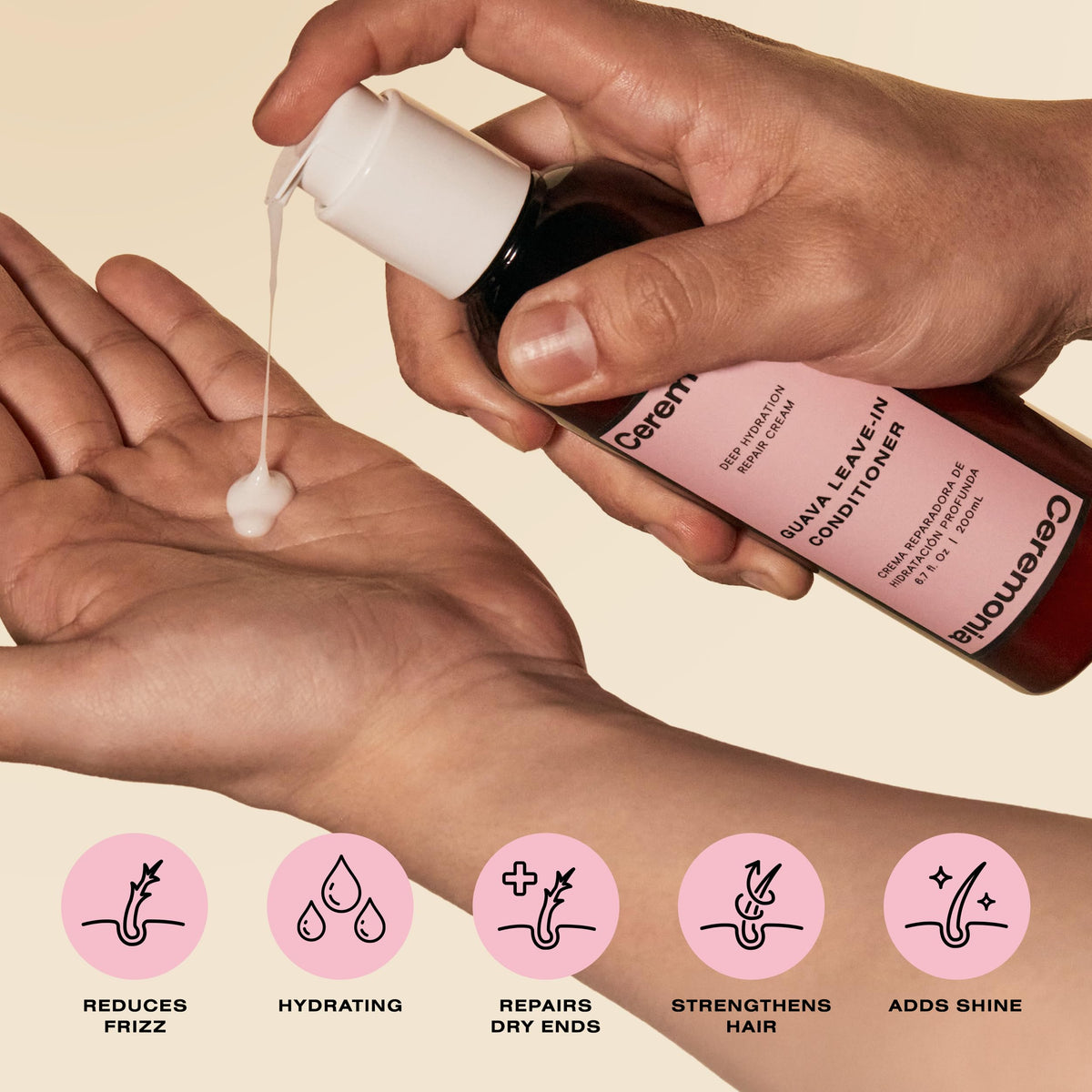Ceremonia guava cream being applied in hand for quick detangling benefit