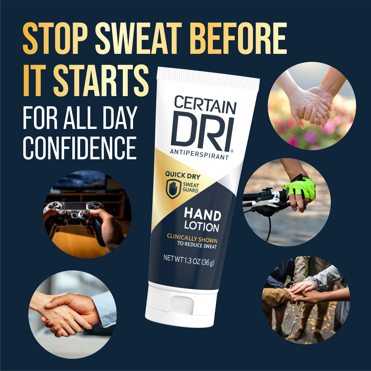 Certain Dri open cap and lotion texture close-up showing fast-absorbing, non-greasy formula