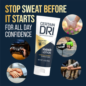 Certain Dri open cap and lotion texture close-up showing fast-absorbing, non-greasy formula