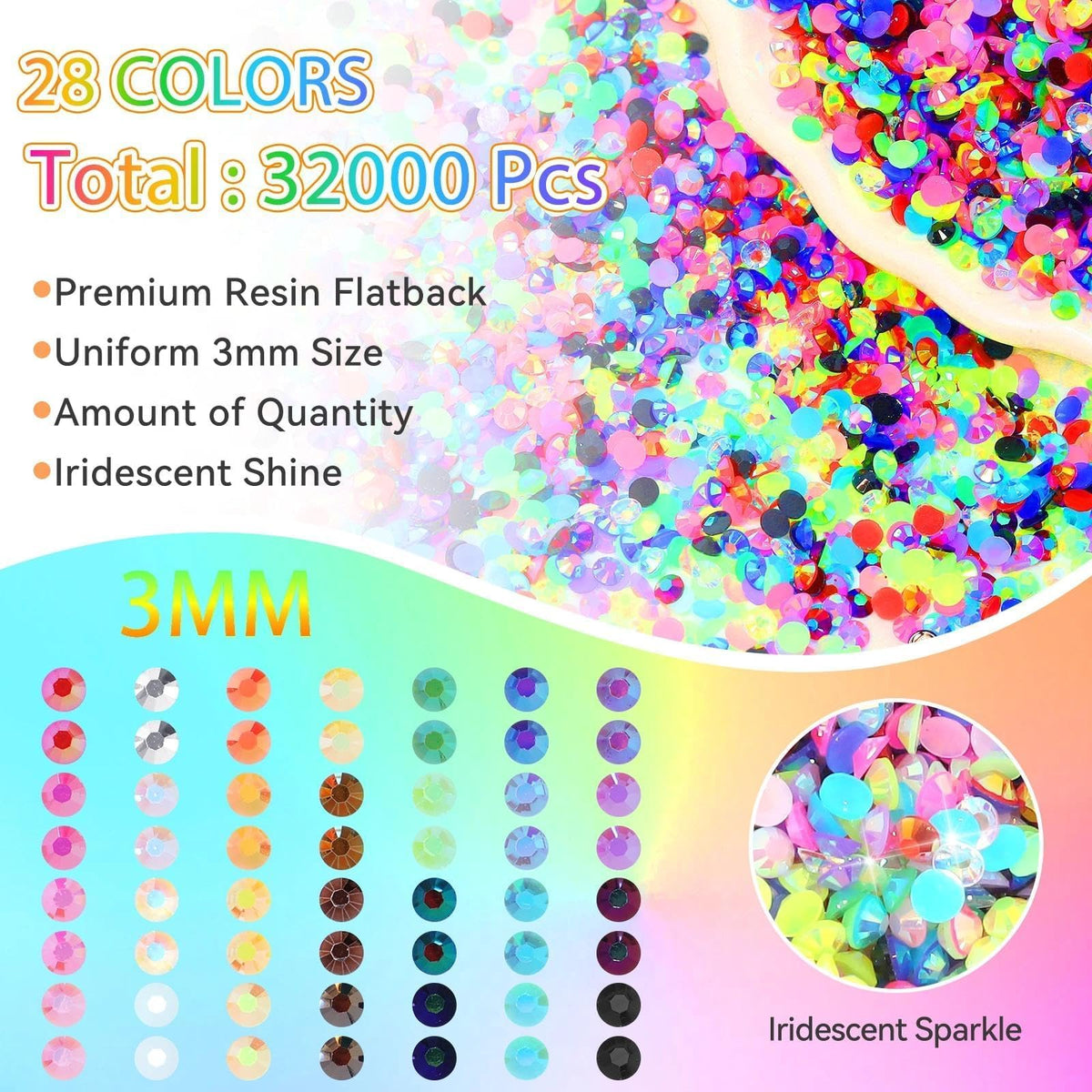 CESUSME close-up of 3mm colorful resin gems highlighting vibrant sparkle