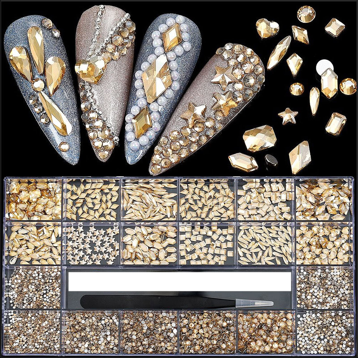 CESUSME front packaging showing champagne rhinestones and storage box, highlights value