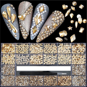 CESUSME front packaging showing champagne rhinestones and storage box, highlights value
