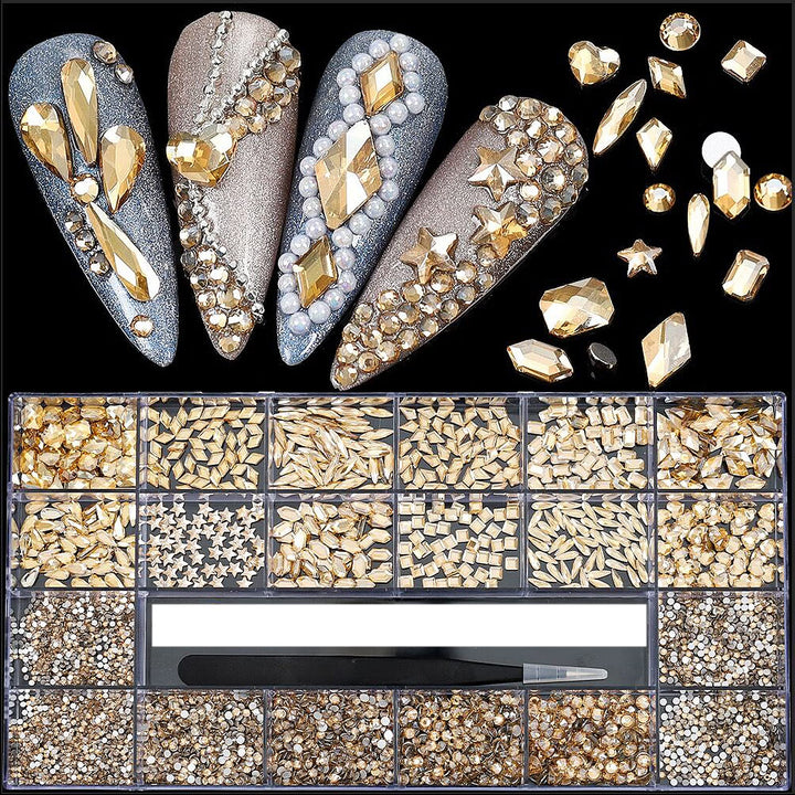 CESUSME front packaging showing champagne rhinestones and storage box, highlights value