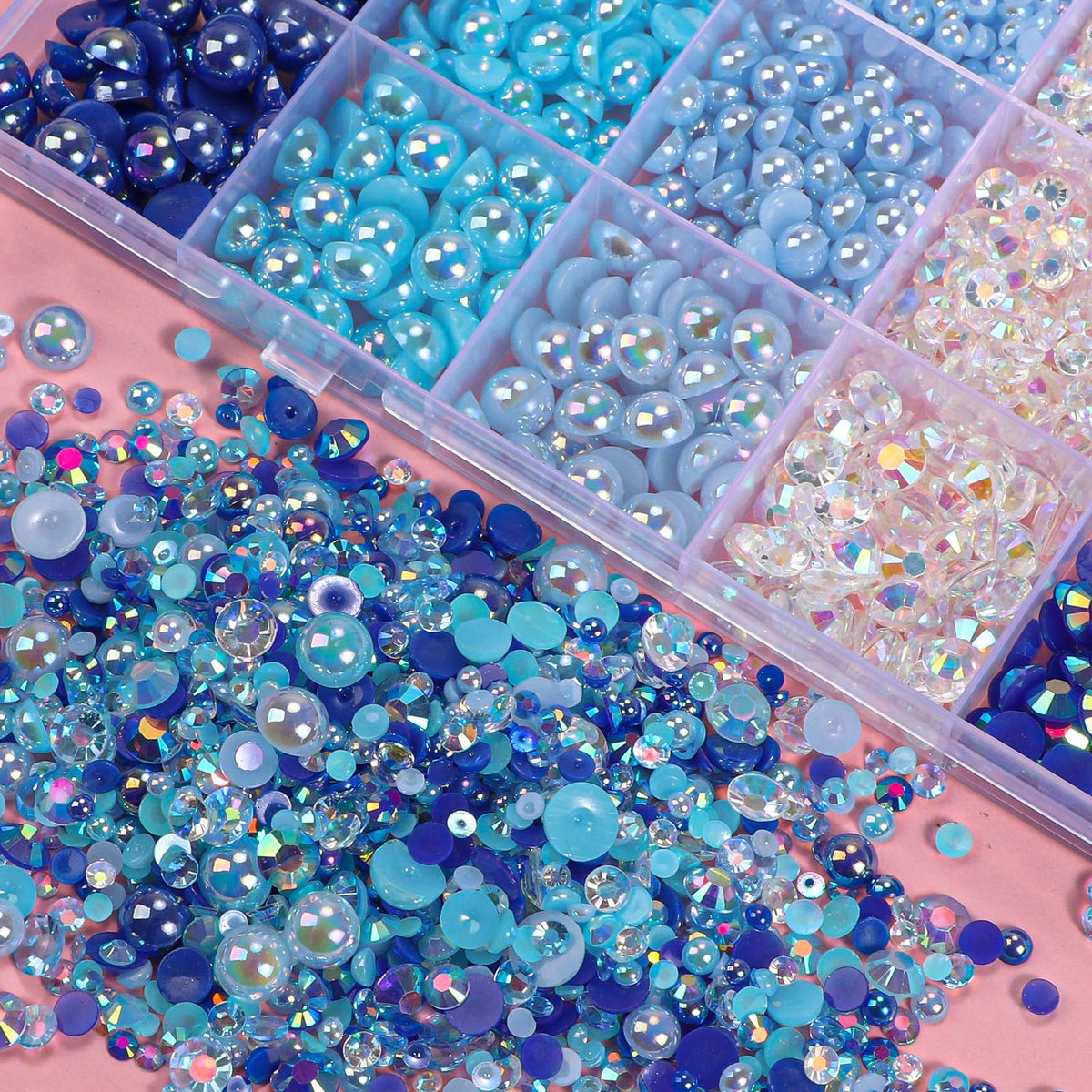 CESUSME nails decorated with blue pearls and rhinestones for polished detail