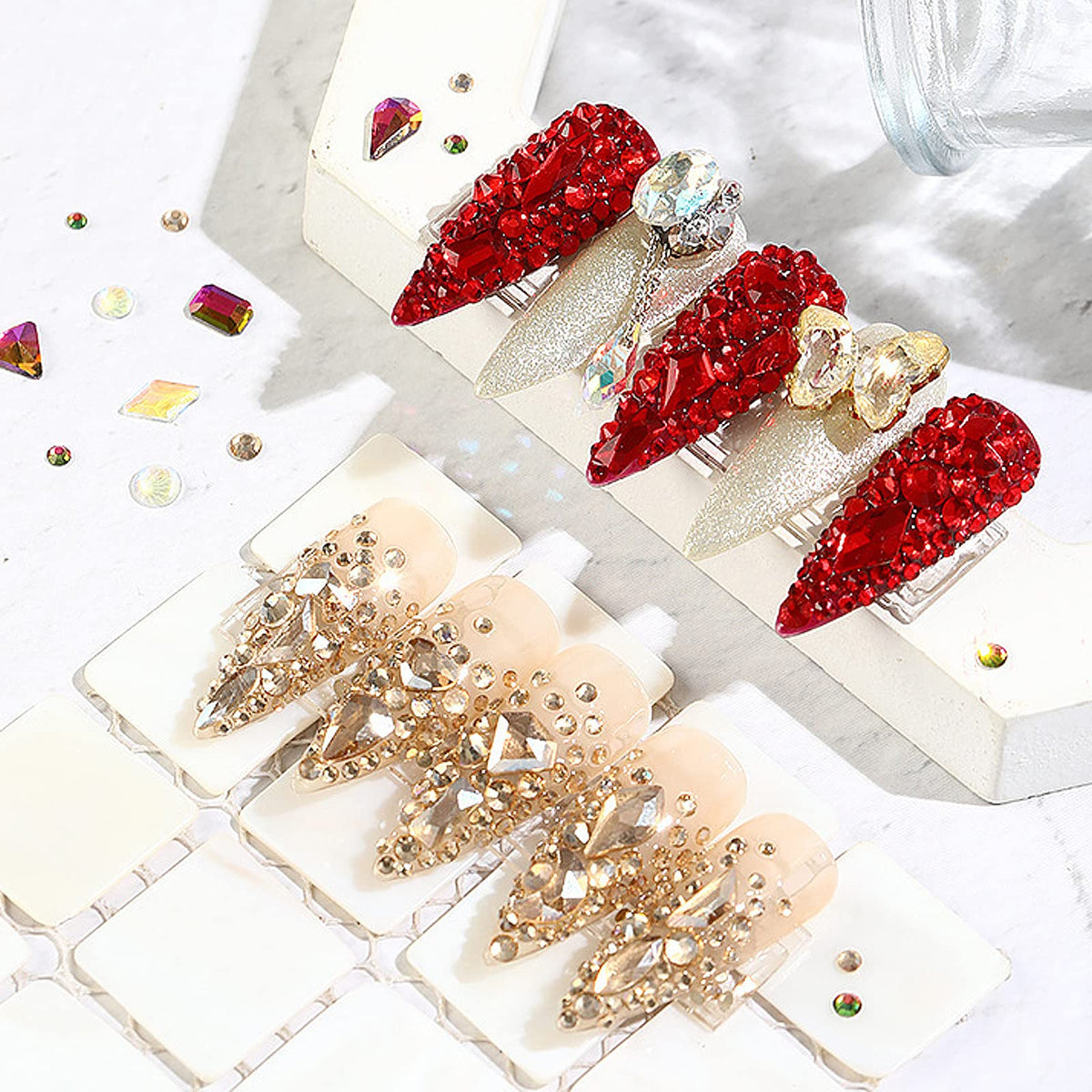 CESUSME rhinestones applied on manicured nails in lifestyle scene, demonstrates finished glamour