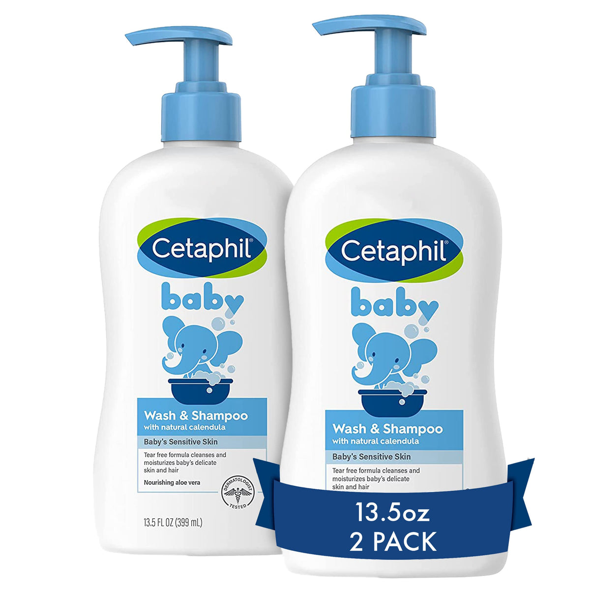 Cetaphil baby front packaging showing two 13.5oz bottles and clear labeling benefits