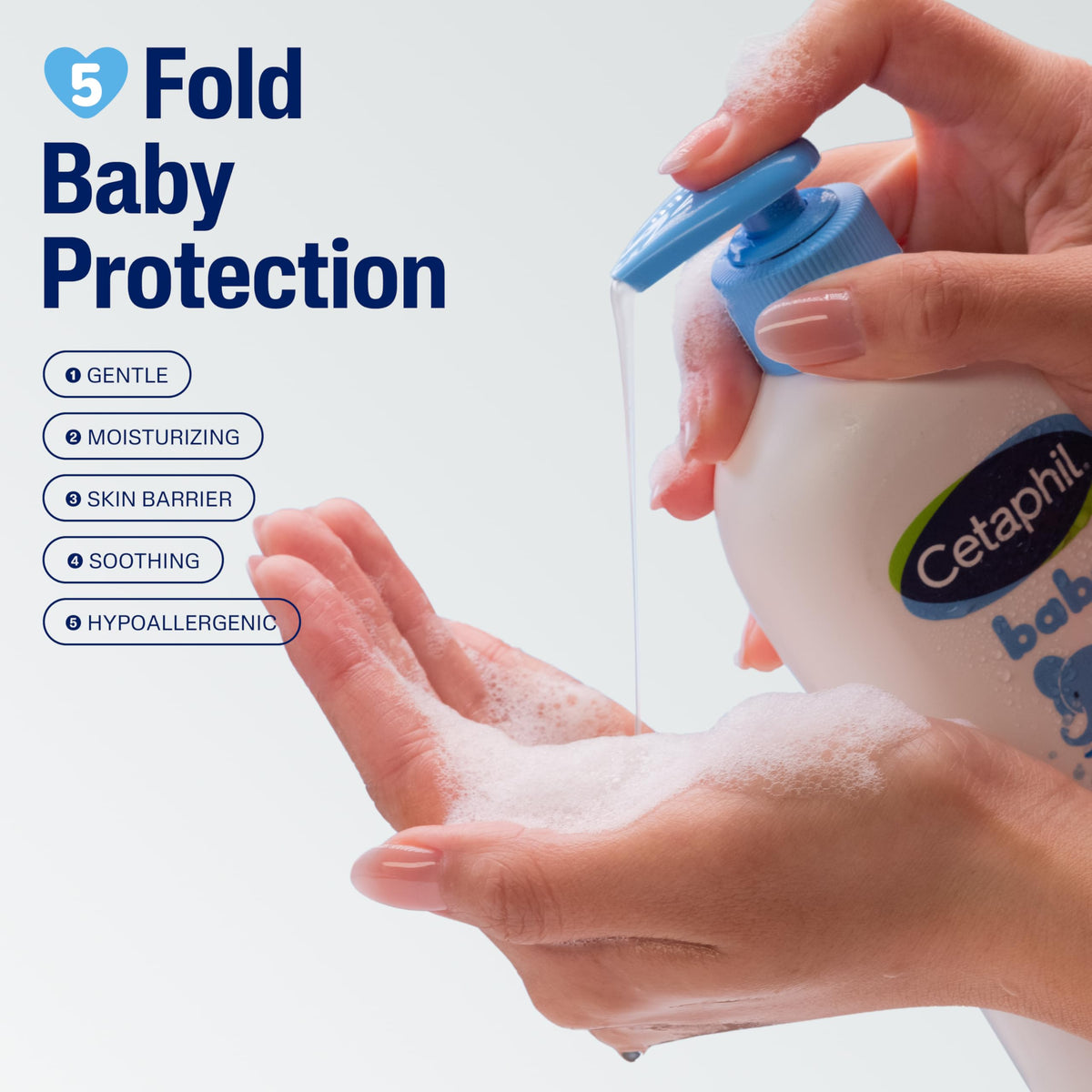 Cetaphil pump and label detail highlighting hypoallergenic formula and safe ingredients