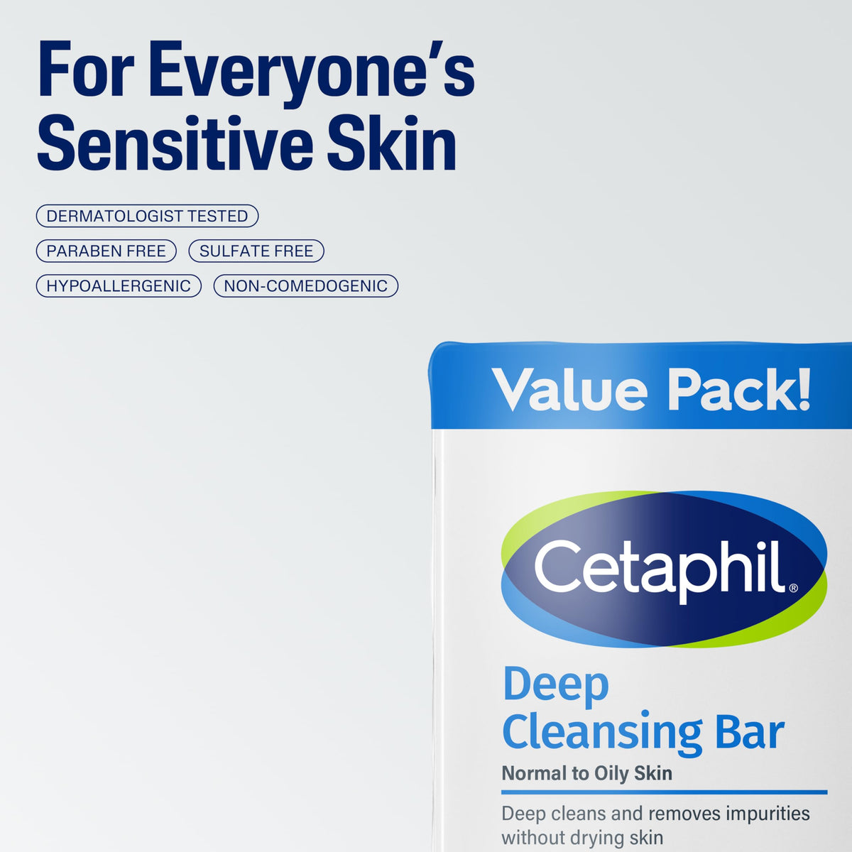 Three Cetaphil bars stacked to show value pack and supply longevity