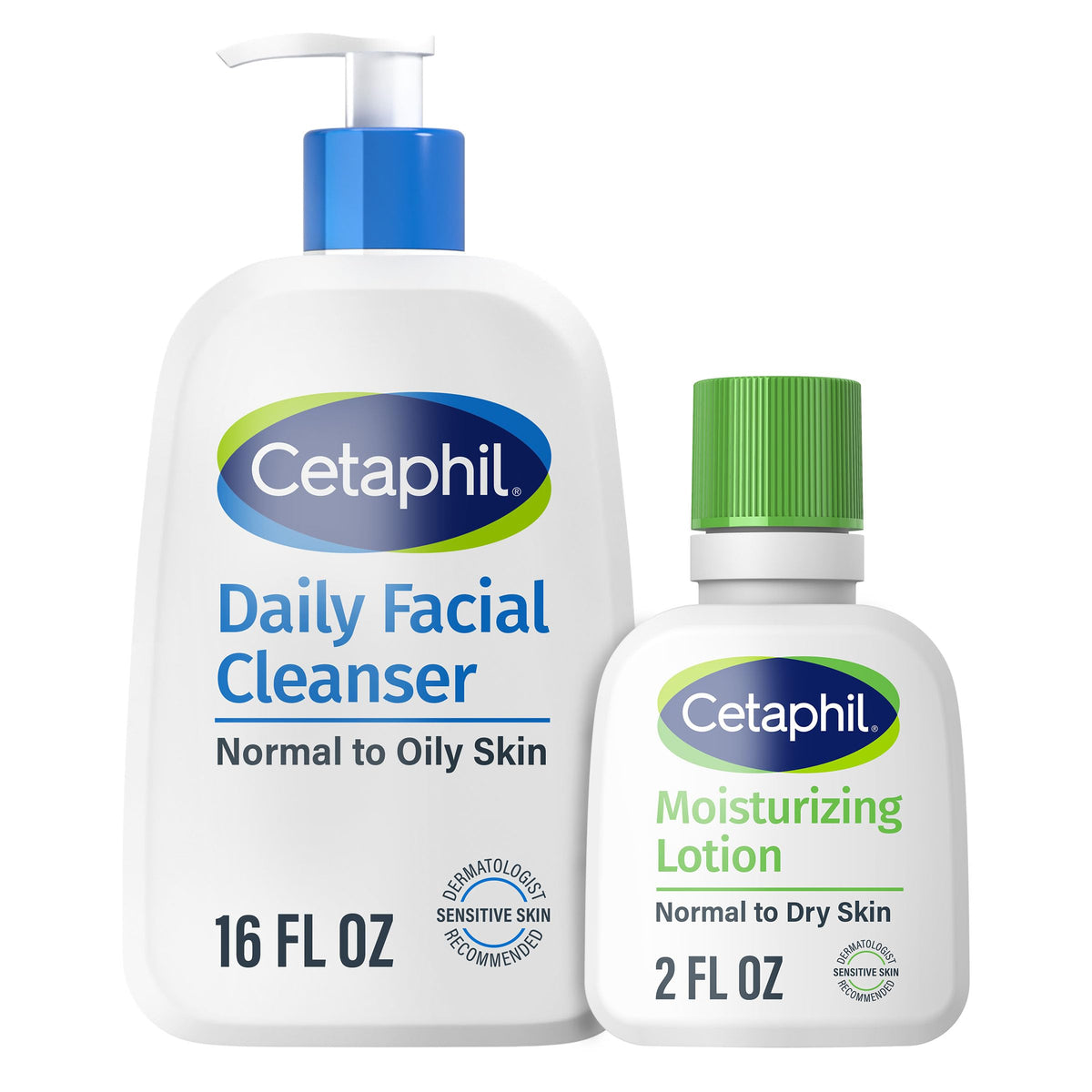 Cetaphil front packaging showing cleanser and travel lotion, trustworthy daily routine