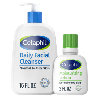 Cetaphil front packaging showing cleanser and travel lotion, trustworthy daily routine