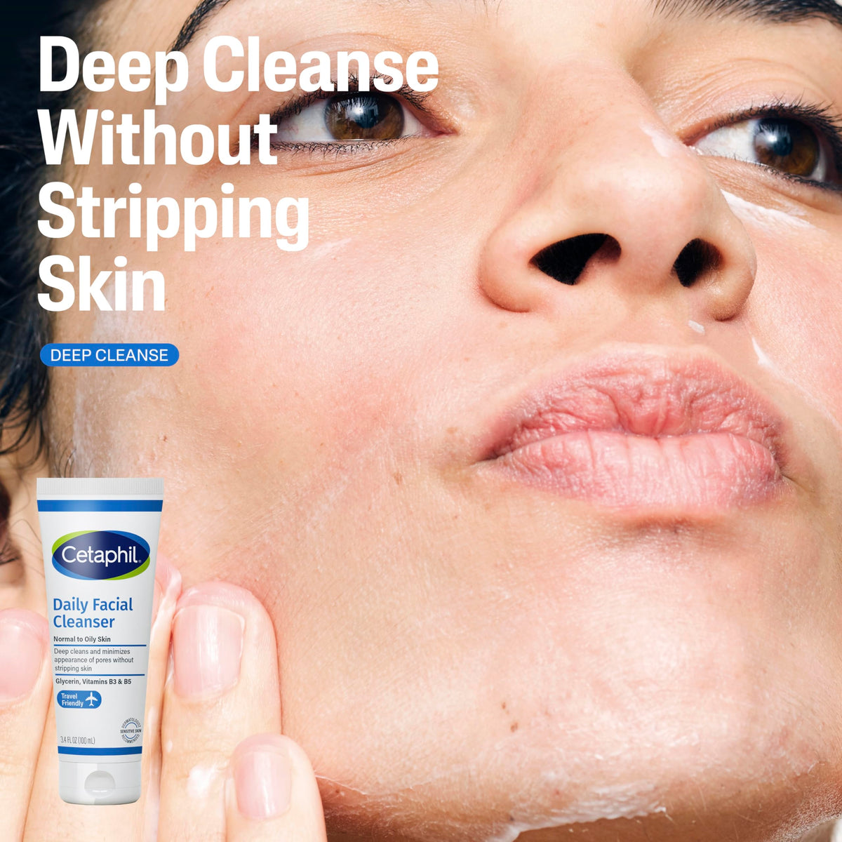 Cetaphil Daily Facial Cleanser texture foaming on skin, deep-cleaning without stripping