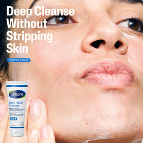 Cetaphil Daily Facial Cleanser texture foaming on skin, deep-cleaning without stripping