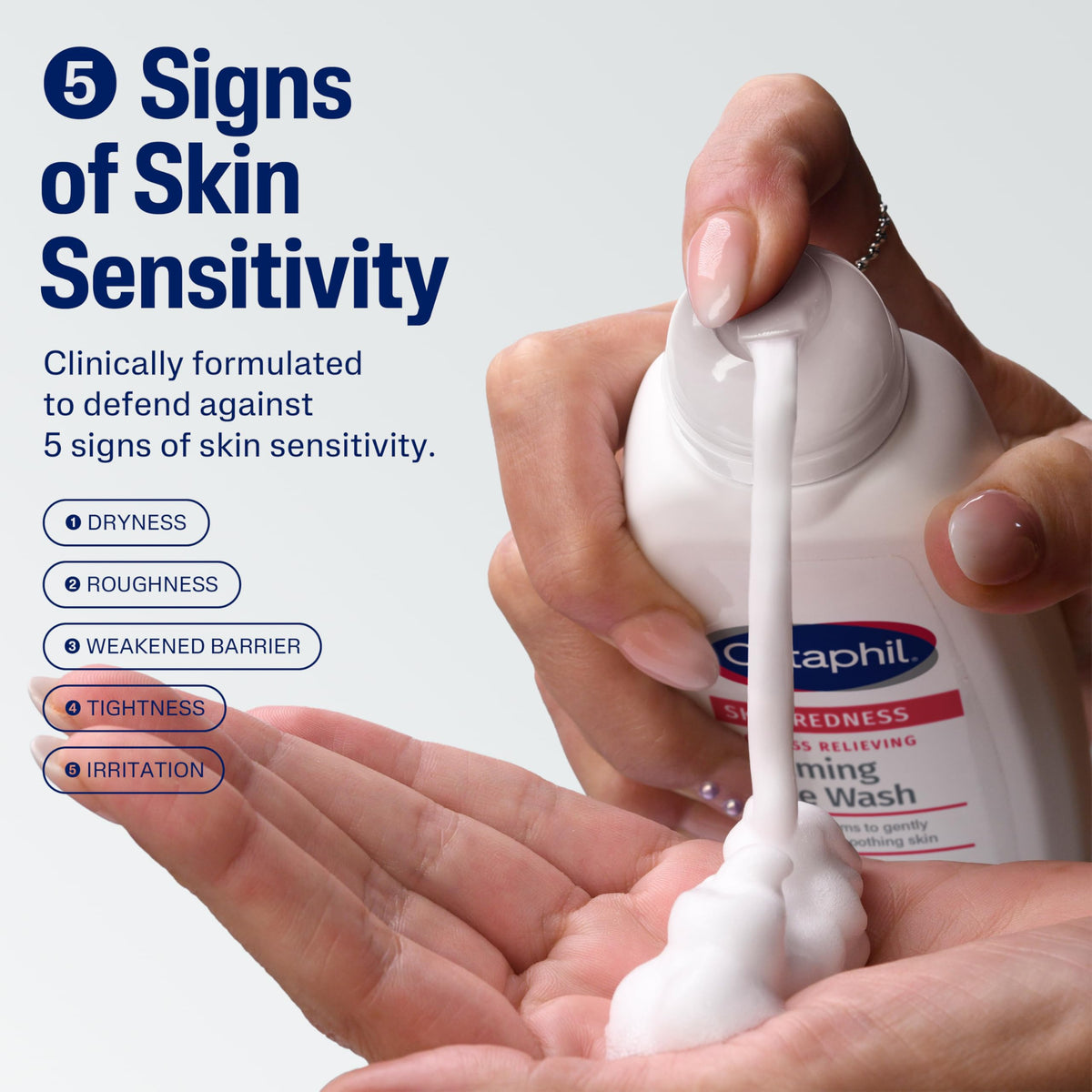 Cetaphil pump releasing foam demonstrating easy dispensing and gentle cleanse