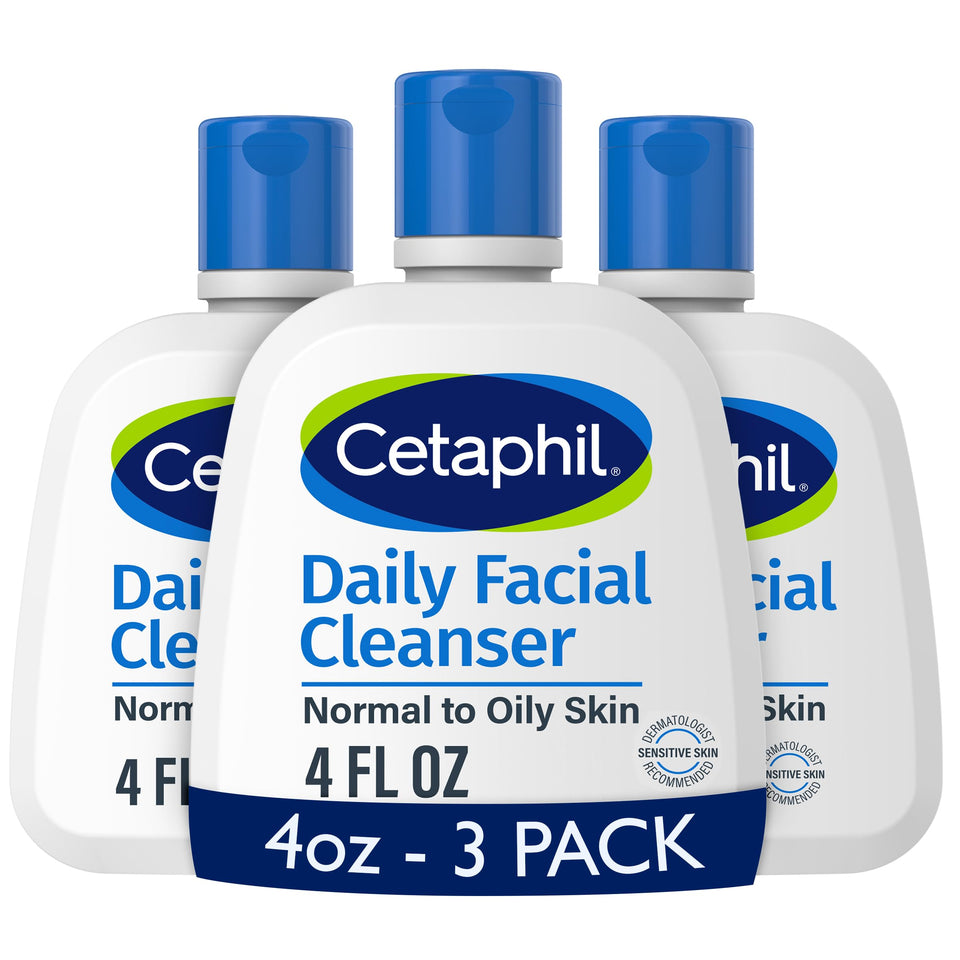 Cetaphil front packaging showing three 4 oz tubes and clear benefits