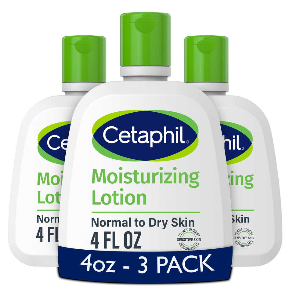 Cetaphil front packaging showing 3x 4 oz bottles and clear product benefit